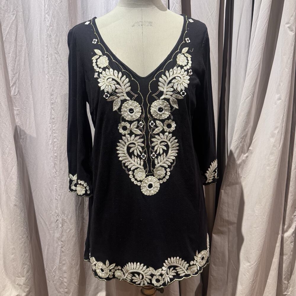 Heavily Embroidered Stretch Puma Cotton Caftan Tunic L